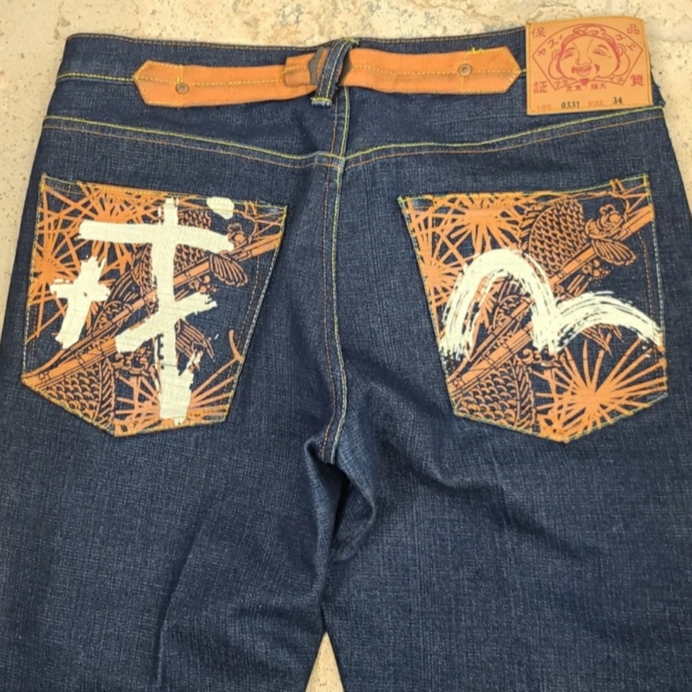 Rare Vintage Evisu Blue and Orange Jean Shorts with Japanese-Inspired Design